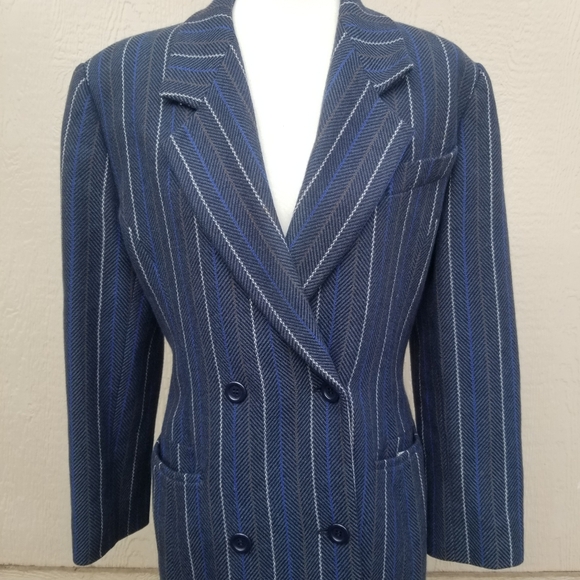 Vintage Missoni Donna Blue Pinstripe Double Breasted Wool Coat - Picture 3 of 9